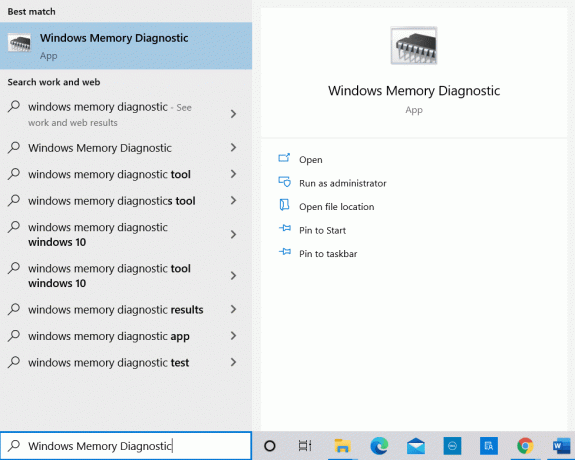 Digita Diagnostica memoria di Windows e premi Invio. Come risolvere Esplora file che non risponde in Windows 10