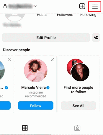 Inicie Instagram y toque el ícono de perfil - ícono de hamburguesa desde la esquina superior derecha