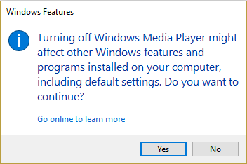 Нажмите Да, чтобы удалить Windows Media Player 12.
