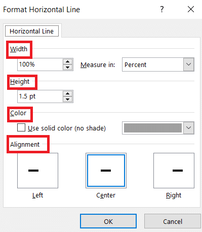 Skift højde, bredde, farve og justering fra dialogboksen Formatér vandret linje.