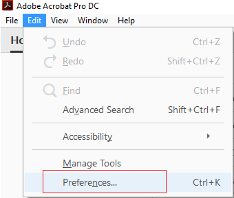 في Adobe Acrobat Reader ، انقر فوق تحرير ثم تفضيلات | ملف الإصلاح تالف ولا يمكن إصلاحه