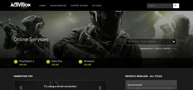דף השירותים המקוונים של Infinite Warfare Activision Support