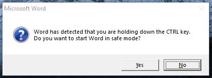 Une boîte de message apparaîtra indiquant que Word a détecté que vous maintenez la touche CTRL enfoncée