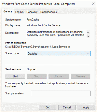 Uistite sa, že ste pre službu Windows Font Cache Service nastavili typ spustenia ako Zakázané