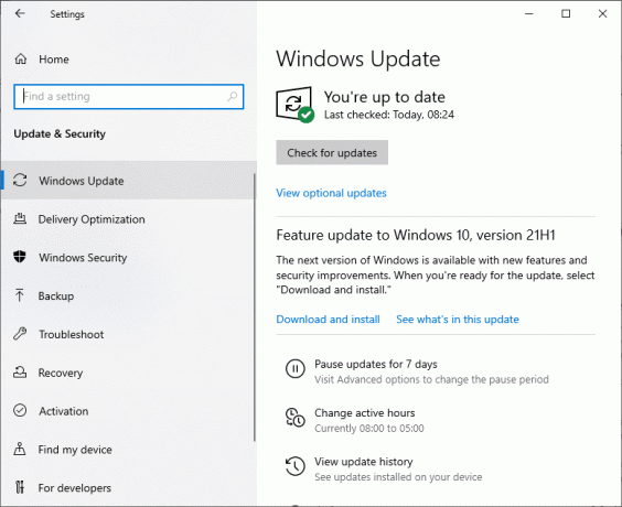 Ahora, seleccione Buscar actualizaciones en el panel derecho. Reparar el sonido sigue cortándose en Windows 10