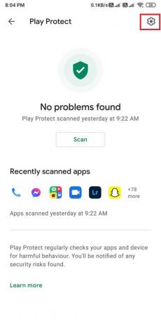 בקטע 'Play Protect', פתח את ההגדרות על ידי הקשה על סמל גלגל השיניים | אפליקציה לא מותקנת שגיאה באנדרואיד