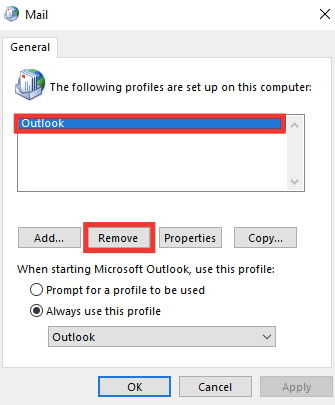 Valitse profiili ja napsauta Poista. 8 tapaa korjata Outlook Tämä ei ole kelvollinen tiedostonimivirhe