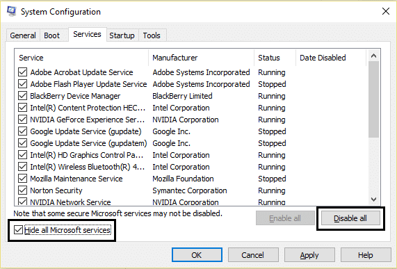nascondi tutti i servizi Microsoft nella configurazione del sistema