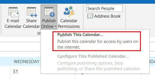 Faceți clic pe Publicați online și apoi publicați acest calendar