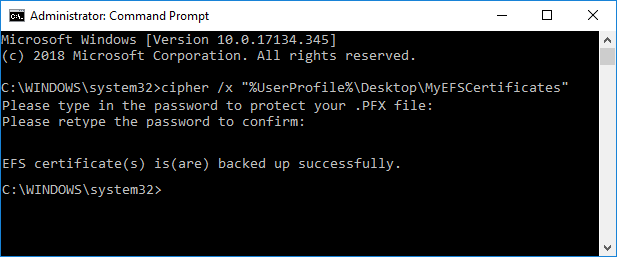 コマンドプロンプトを使用して、Windows10でEFS証明書とキーをバックアップします