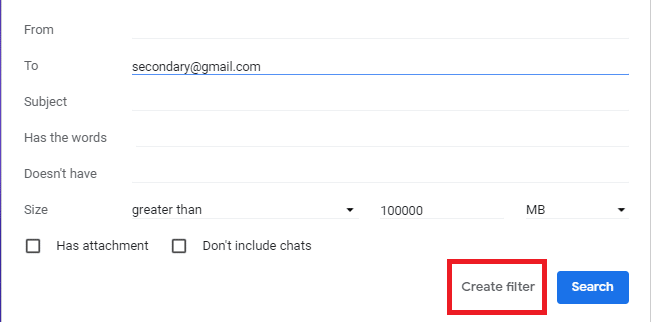 वह द्वितीयक ईमेल पता टाइप करें जिससे आप ईमेल को फ़िल्टर करना चाहते हैं और 'फ़िल्टर बनाएं' पर क्लिक करें।