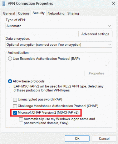 Atzīmējiet Atļaut šos protokolus un zem tā atzīmējiet opciju Microsoft CHAP Version 2 (MS-CHAP v2) | Kā iestatīt VPN un starpniekserveri operētājsistēmā Windows 11