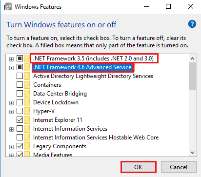 เลือกคุณสมบัติ .NET Framework และคลิกที่ปุ่ม ตกลง