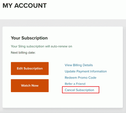 Κάντε κλικ στην Ακύρωση συνδρομής από την ενότητα Η συνδρομή σας | Πώς να διαγράψετε τον λογαριασμό Sling 