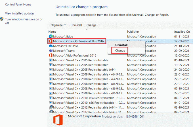faceți clic dreapta pe Microsoft Office și selectați opțiunea de modificare în programe și caracteristici dezinstalați un meniu de programe