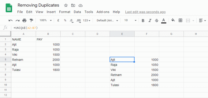 Google Sheets ville liste opp de unike postene der du skrev inn formelen