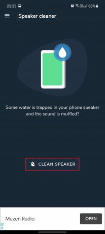 Speaker Cleaner - Poista vesi ja korjaa äänisovellus. Puhdista kaiutin -vaihtoehto on korostettu. Puhelimen kaiuttimen vesivaurion korjaaminen