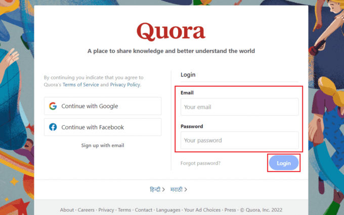 введите свой адрес электронной почты и пароль и нажмите Войти Quora