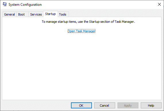 Skift nu til fanen Startup og klik på linket til Åbn Task Manager. Ret Windows-fejl 0 ERROR_SUCCESS handlingen blev gennemført