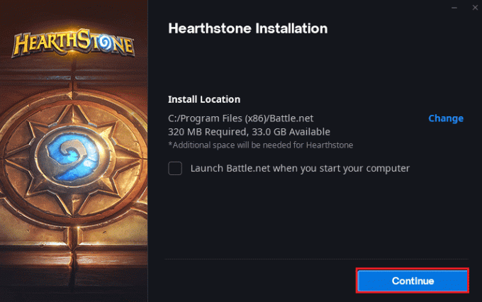 cliquez sur Continuer après avoir sélectionné l'emplacement d'installation du jeu Hearthstone