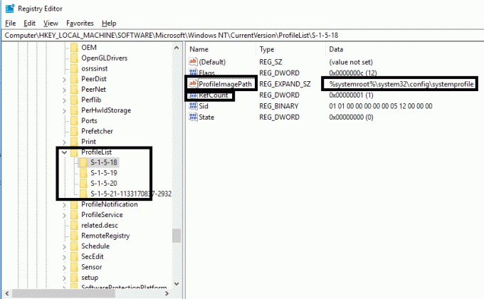 パスHKEY_LOCAL_MACHINE \ SOFTWARE \ Microsoft \ Windows NT \ CurrentVersion \ ProfileListに移動します