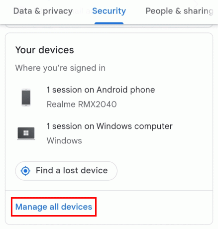 У оквиру безбедности померите се надоле до Ваши уређаји и додирните Управљај свим уређајима.