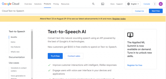Google Cloud Text-to-Speech Homeoage | 29 beste kostenlose KI-Sprachgeneratoren