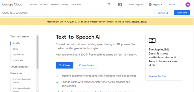 Domača stran Google Cloud Text-to-Speech | 29 najboljših brezplačnih glasovnih generatorjev z umetno inteligenco