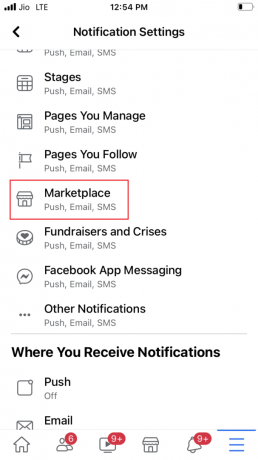 اضغط على خيار السوق في إعدادات الإشعارات في تطبيق Facebook iOS