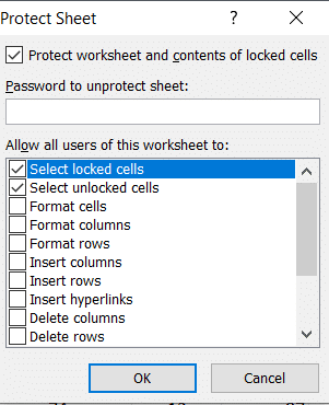 Alegeți acțiunile din lista pe care doriți să le permiteți în foaia dvs. protejată și faceți clic pe „OK”.