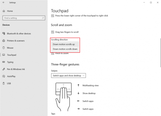 Wählen Sie die Bildlaufrichtung im Abschnitt Bildlauf und Zoom aus, um die Option zum Ziehen mit zwei Fingern zum Zoomen in den Touchpad-Einstellungen auszuwählen. Fix Touchpad Scroll funktioniert nicht unter Windows 10