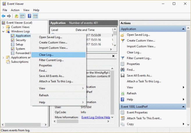Proširite Windows zapise i zatim desnom tipkom miša kliknite podmape jednu po jednu i odaberite Očisti zapisnik