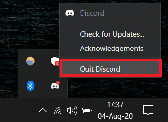 Kattintson jobb gombbal a Discord ikonjára, majd válassza a Kilépés a Discordból lehetőséget