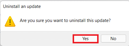 klicka på Ja i bekräftelseprompten för att avinstallera uppdateringen Windows 11