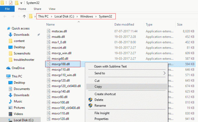 Тепер у папці System32 знайдіть MSVCP100.dll, потім клацніть його правою кнопкою миші та виберіть Копіювати | Виправити помилку MSVCP100.dll відсутня або не знайдена