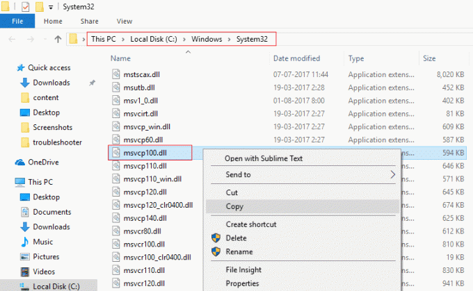 Most a System32 mappában keresse meg az MSVCP100.dll fájlt, majd kattintson rá jobb gombbal, és válassza a Copy | Javítsa ki az MSVCP100.dll hiányzó vagy nem található hibát