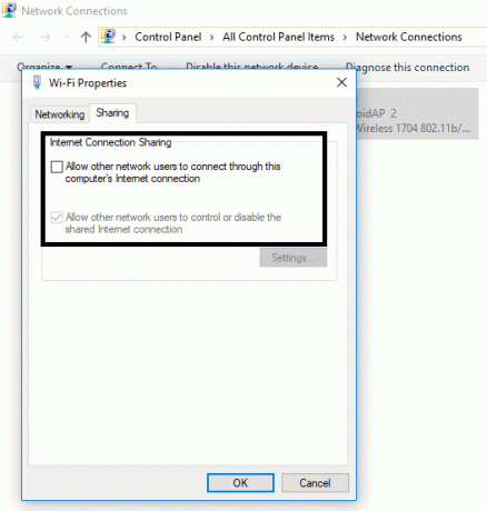 انتقل إلى علامة التبويب " مشاركة" وقم بإلغاء تحديد كلا الخيارين | إصلاح نقطة اتصال الهاتف المحمول لا تعمل في نظام التشغيل Windows 10