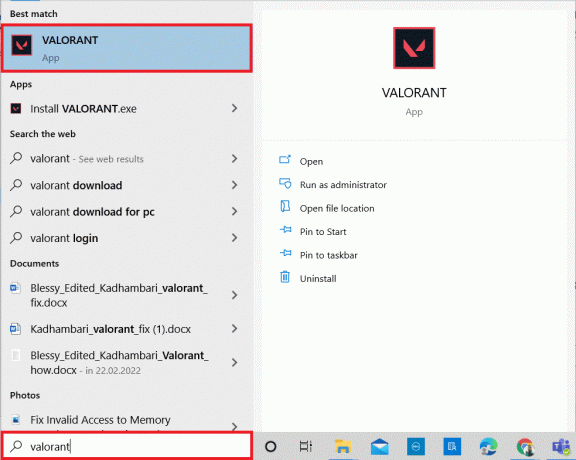 Натисніть клавішу Windows. Введіть Valorant і відкрийте його