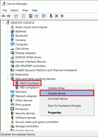 No touchpad, abaixo de Ratos, clique com o botão direito do mouse e selecione Desativar Dispositivo