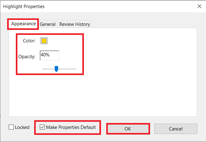 zaznacz opcję „Ustaw właściwości jako domyślne”, a następnie kliknij OK. | Jak zmienić kolor podświetlenia w programie Adobe Acrobat Reader?