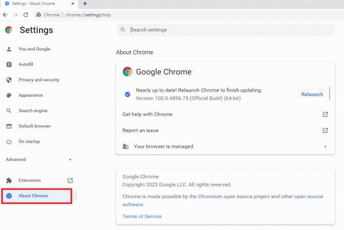 Faceți clic pe fila Despre Chrome din secțiunea Avansat. Remediați formatul de resurse Twitch neacceptat în Windows 10