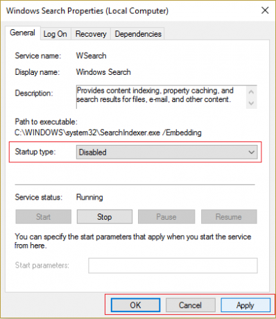 nastavte typ spustenia na možnosť Zakázané pre službu Windows Search