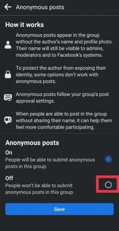 pritisnite Izklop | kako omogočiti anonimno objavo v Facebook skupini