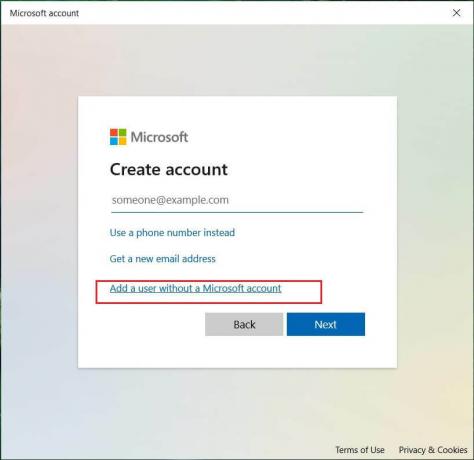 Altta Microsoft hesabı olmayan bir kullanıcı ekle'yi seçin.