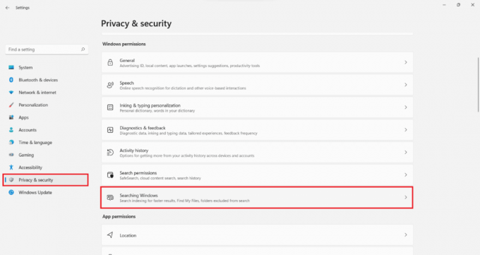 klik på Privatliv og sikkerhed, og vælg Søgning i Windows