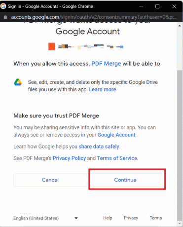 Valitse tili ja napsauta Jatka salliaksesi Yhdistä PDF-tiedostot käyttää Google Drivea.