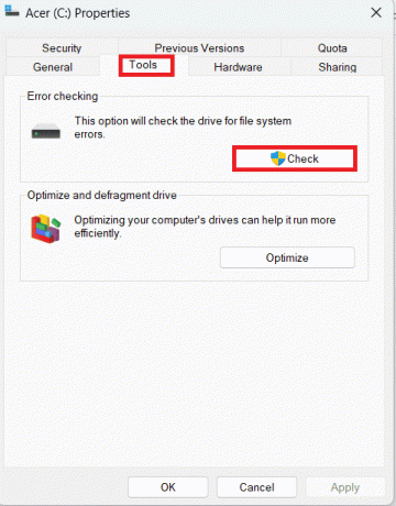 Na kartici alata kliknite na Provjeri | Kako provjeriti disk za pogreške koristeći chkdsk u sustavu Windows 11