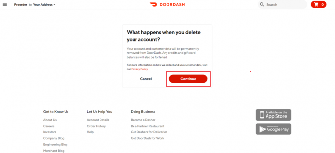 DoorDash konta dzēšanas lapā noklikšķiniet uz opcijas Dzēst