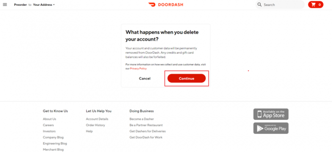 нажмите «Удалить» на странице удаления учетной записи DoorDash.