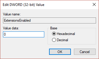 Kaksoisnapsauta ExtensionsEnabled ja aseta sen arvoksi 0 arvotietokentässä